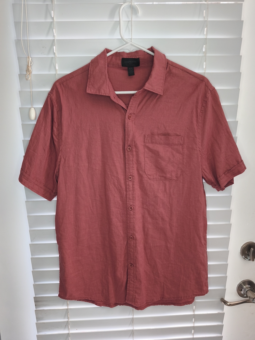 Magaschoni Man Red Linen Button Up Shirt Men's Size M Medium Short Sleeve